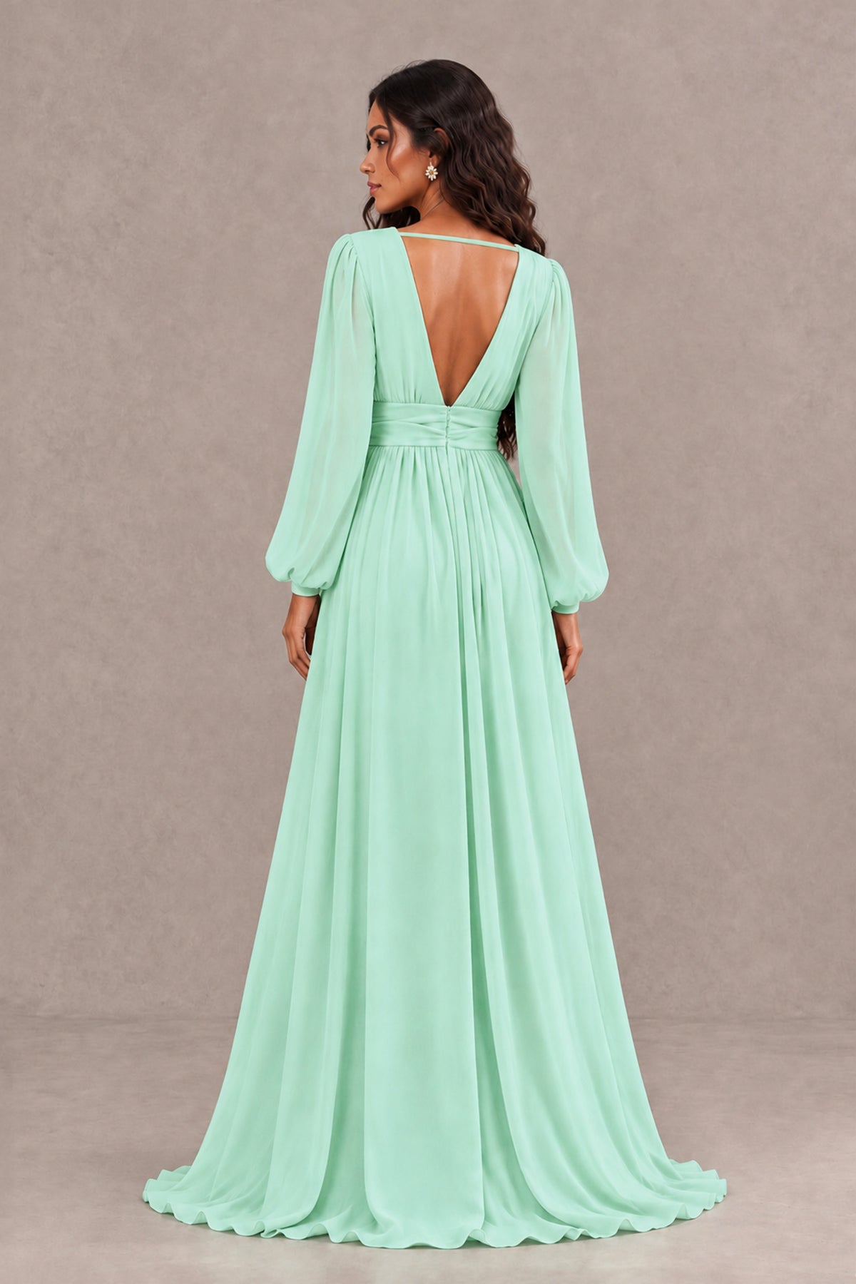BOLODOO Mint Green Long Sleeve V-Neck A-Line Gown with Open Back & Slit - Mint Green - Mint Green_2
