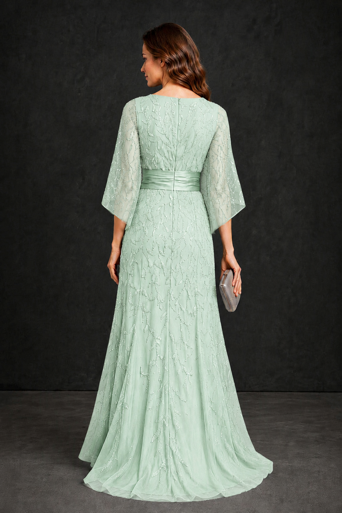 BOLODOO Mint Green Bateau Neck Bell Sleeve Sequin Embroidered Satin Waist A-Line Maxi Dress - Mint Green - Mint_Green_2