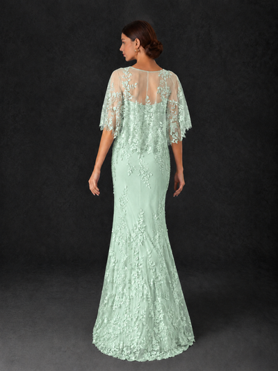 BOLODOO Mint Green Botanical Lace Flutter Sleeve Mermaid Gown - Mint Green - Mint_Green_2