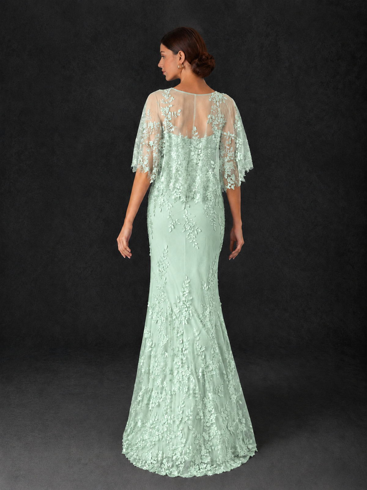 BOLODOO Mint Green Botanical Lace Flutter Sleeve Mermaid Gown - Mint Green - Mint_Green_2