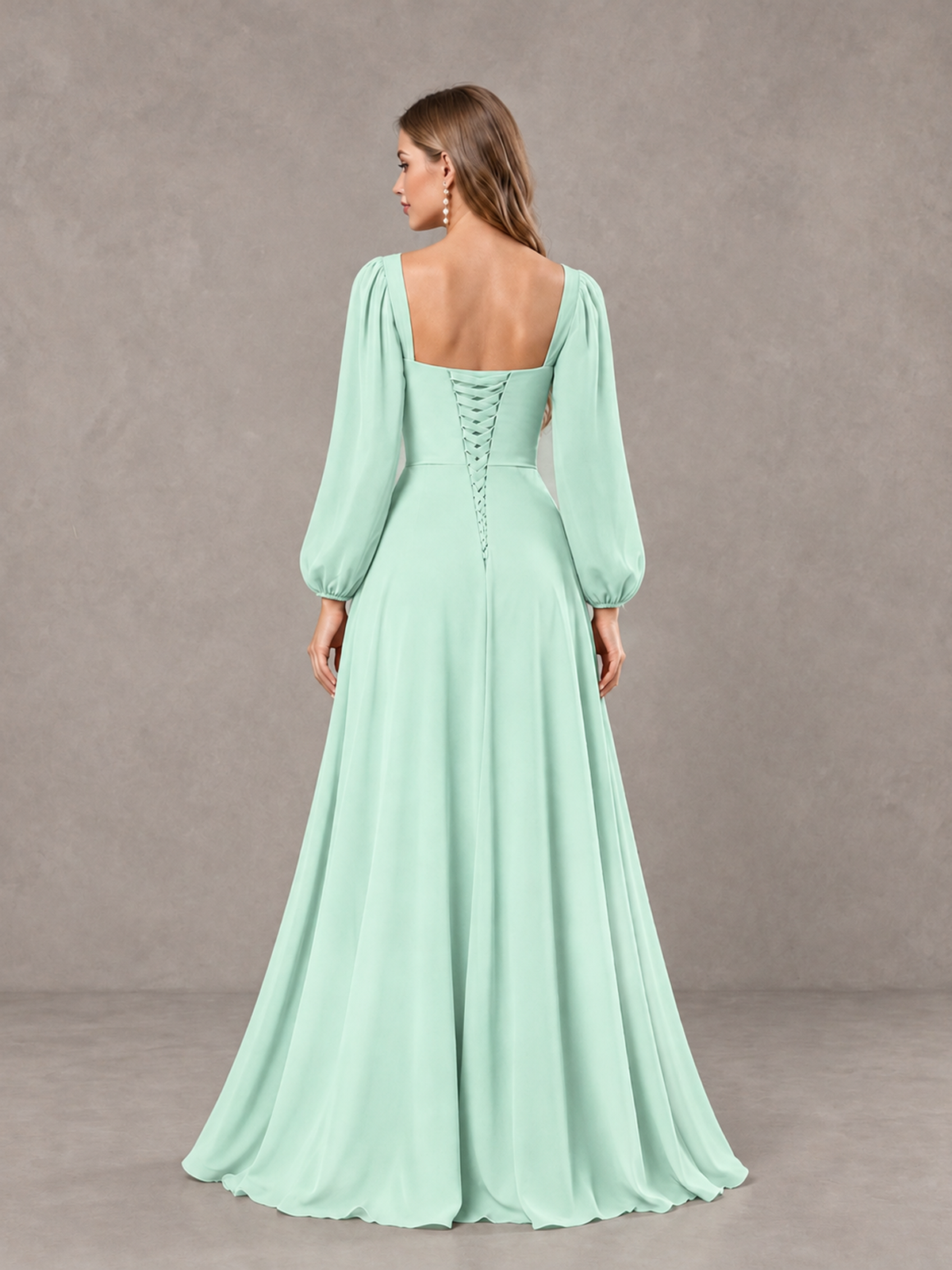 BOLODOO Mint Green Square Neck Long Sleeve Bridesmaid Dress with Ruffle Slit - Mint Green - Mint Green_2