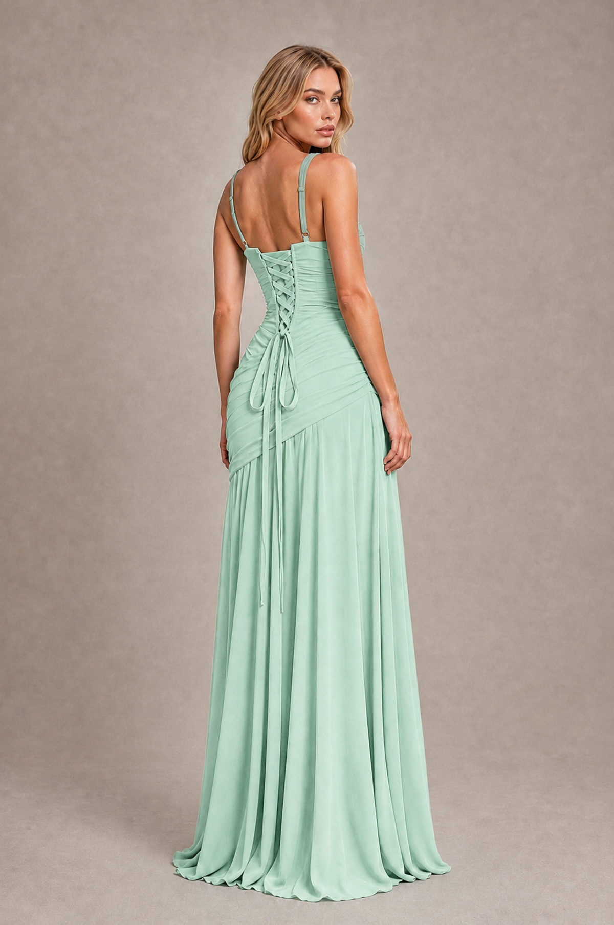 BOLODOO Mint Green Spaghetti Strap Ruched Maxi Dress – Formal Evening Gown with Slit - Mint Green - Mint_Green_2