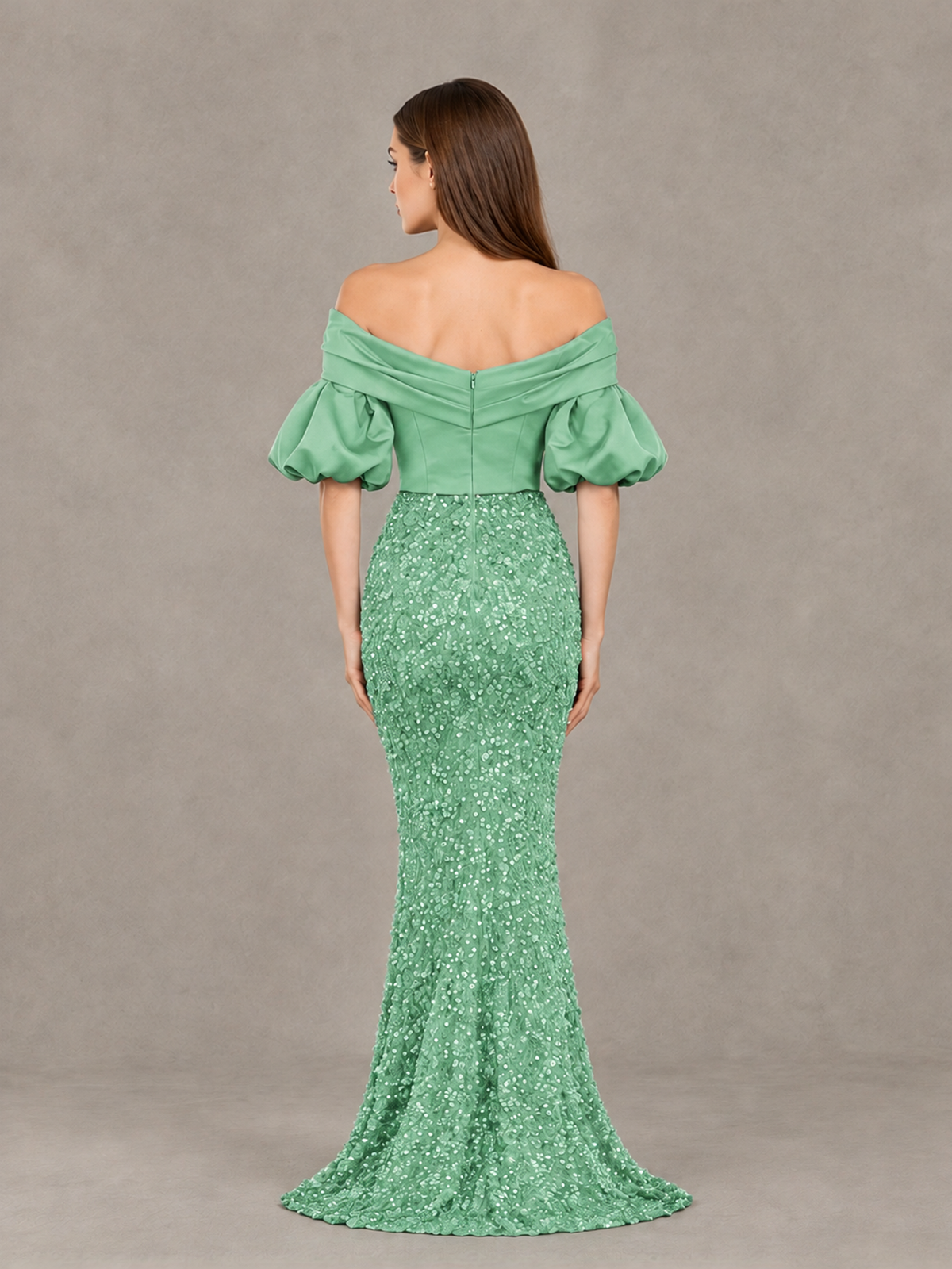 BOLODOO Mint Green Off-Shoulder Puff Sleeve Sequin Mermaid Evening Dress - Mint Green - Mint Green_2