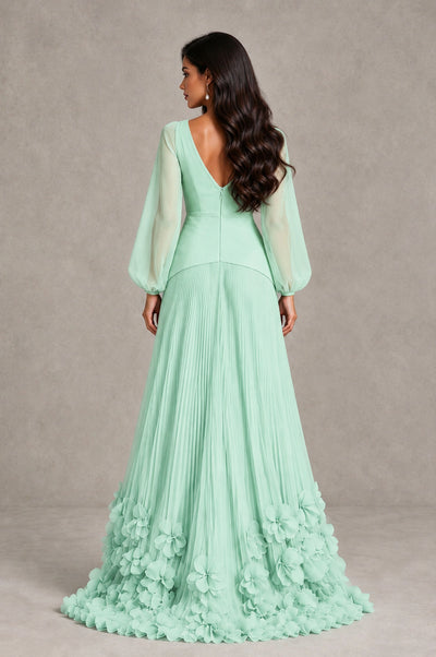 BOLODOO Mint Green V-Neck Long Sleeve Pleated Floral Hem Evening Dress - Mint Green - Mint Green_2