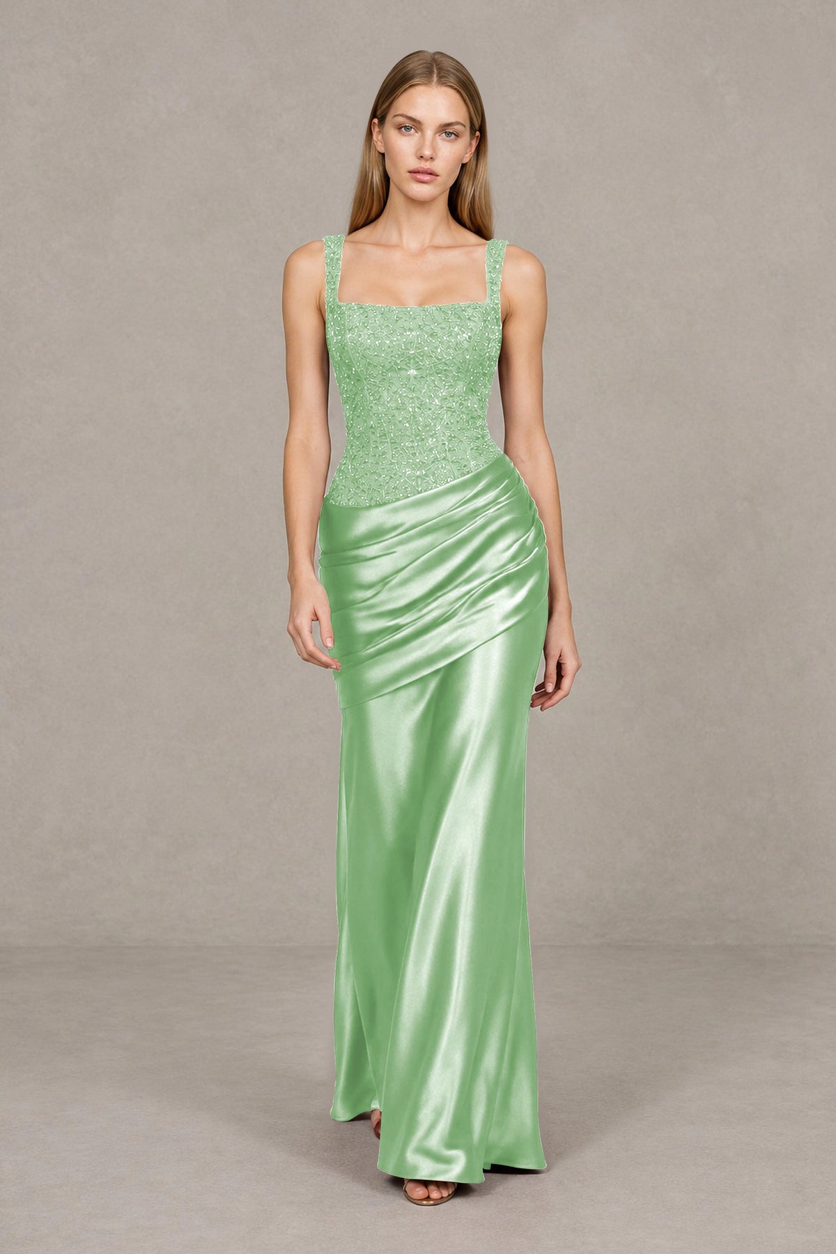 BOLODOO Mint Green Square Neck Embellished Satin Evening Gown - Mint Green
