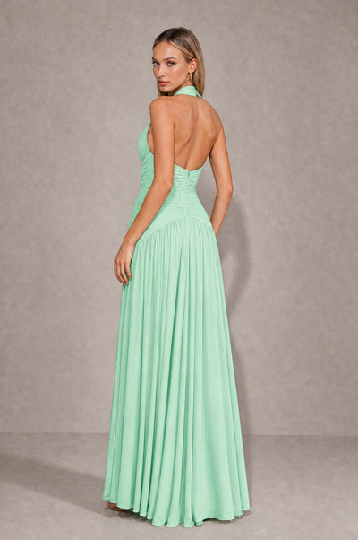 BOLODOO Mint Green Chiffon Halter Deep V-Neck Ruched A-Line Backless Maxi Dress with Train-BD0167 - Mint Green - Mint Green_2