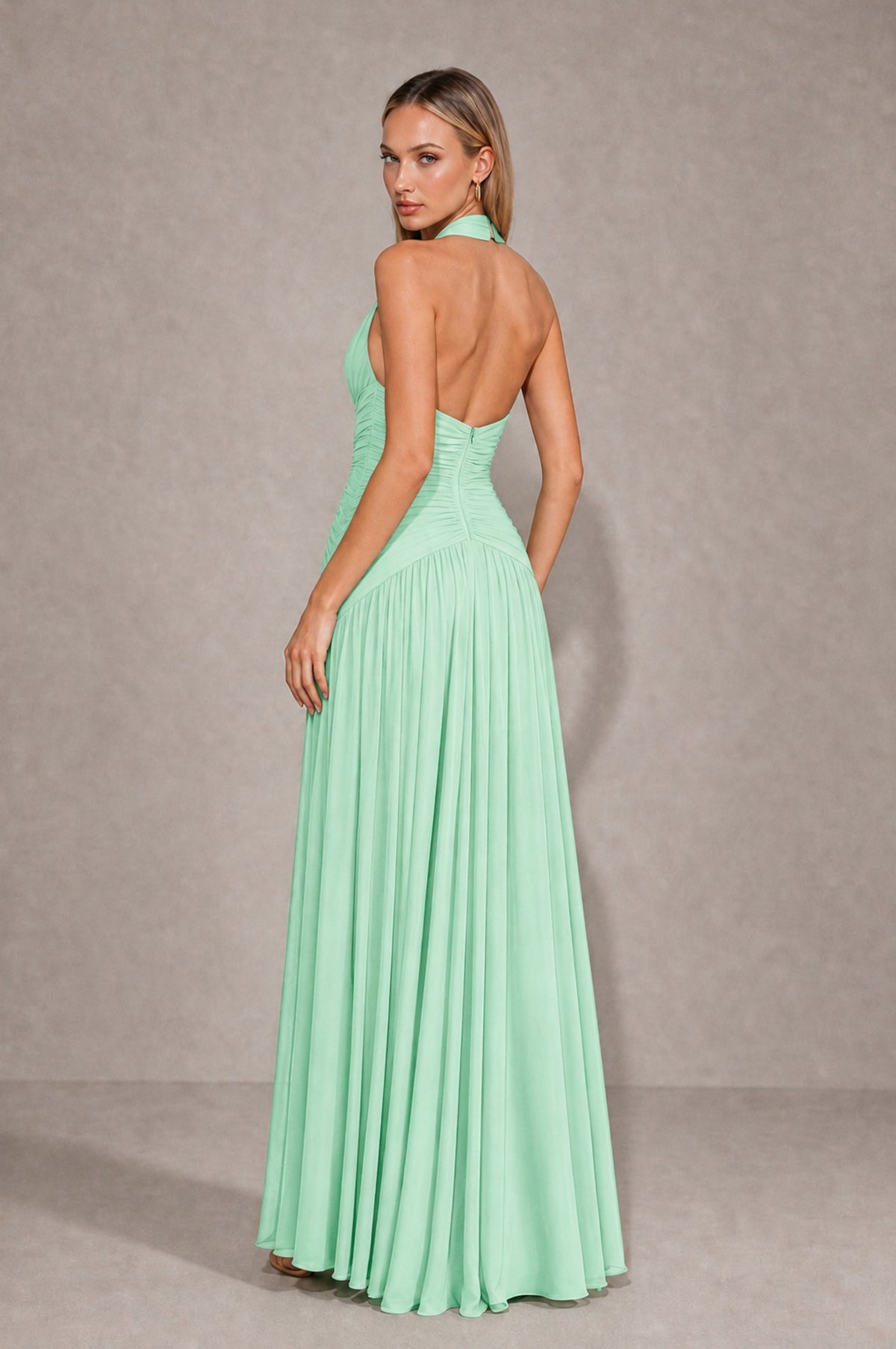 BOLODOO Mint Green Chiffon Halter Deep V-Neck Ruched A-Line Backless Maxi Dress with Train-BD0167 - Mint Green - Mint Green_2