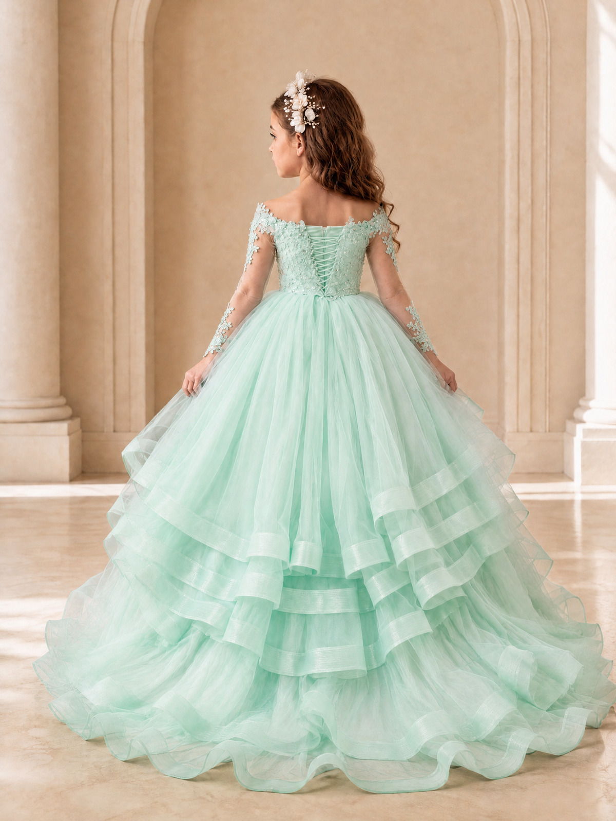 BOLODOO Mint Green Lace Long Sleeve Tiered Flower Girl Dress - Mint Green - Mint_Green_2