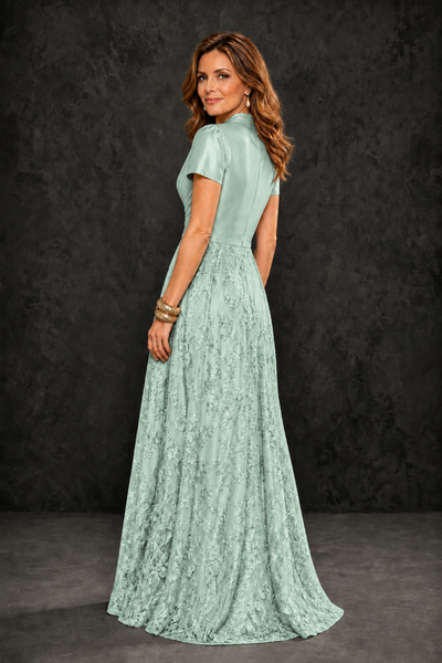 BOLODOO Mint Green Satin Wrap V-Neck Short Sleeve Lace Glitter A-Line Floor Length Evening Gown – Formal Dress - Mint Green - Mint_Green_2