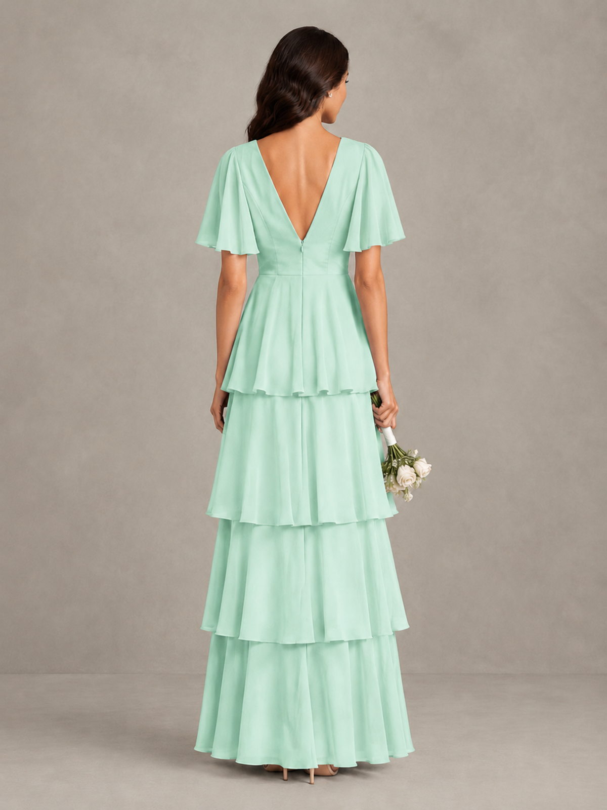 BOLODOO Mint Green Tiered Flutter Sleeve Bridesmaid Dress - Mint Green - Mint Green_2