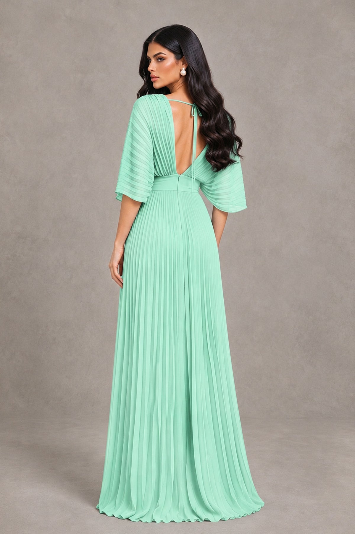 BOLODOO Mint Green V-Neck Pleated Flutter Sleeve Formal Dress - Mint Green - Mint Green_2