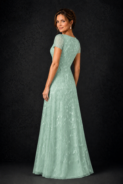 BOLODOO Mint Green Leaf Embroidered A-Line Formal Gown with Cap Sleeves - Mint Green - Mint_Green_2