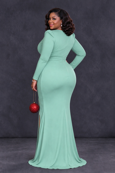 BOLODOO Mint Green Plus Size Long Sleeve V-Neck Mother of the Bride Dress with Slit - Mint Green - Mint Green_2