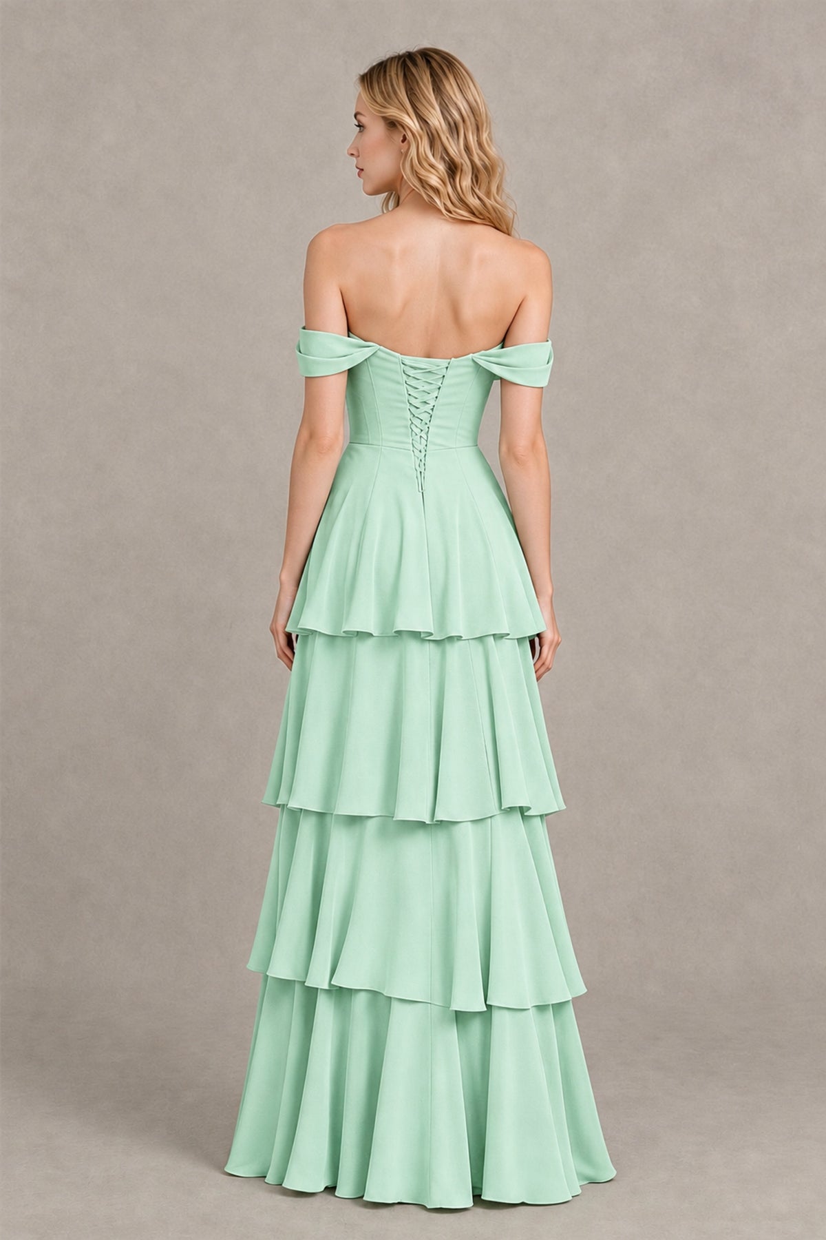 BOLODOO Mint Green Off-the-Shoulder Tiered A-Line Evening Bridesmaid Dress - Mint Green - Mint Green_2