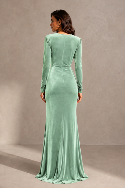 BOLODOO Mint Green Velvet Long Sleeve V-Neck Ruched Evening Gown - Mint Green