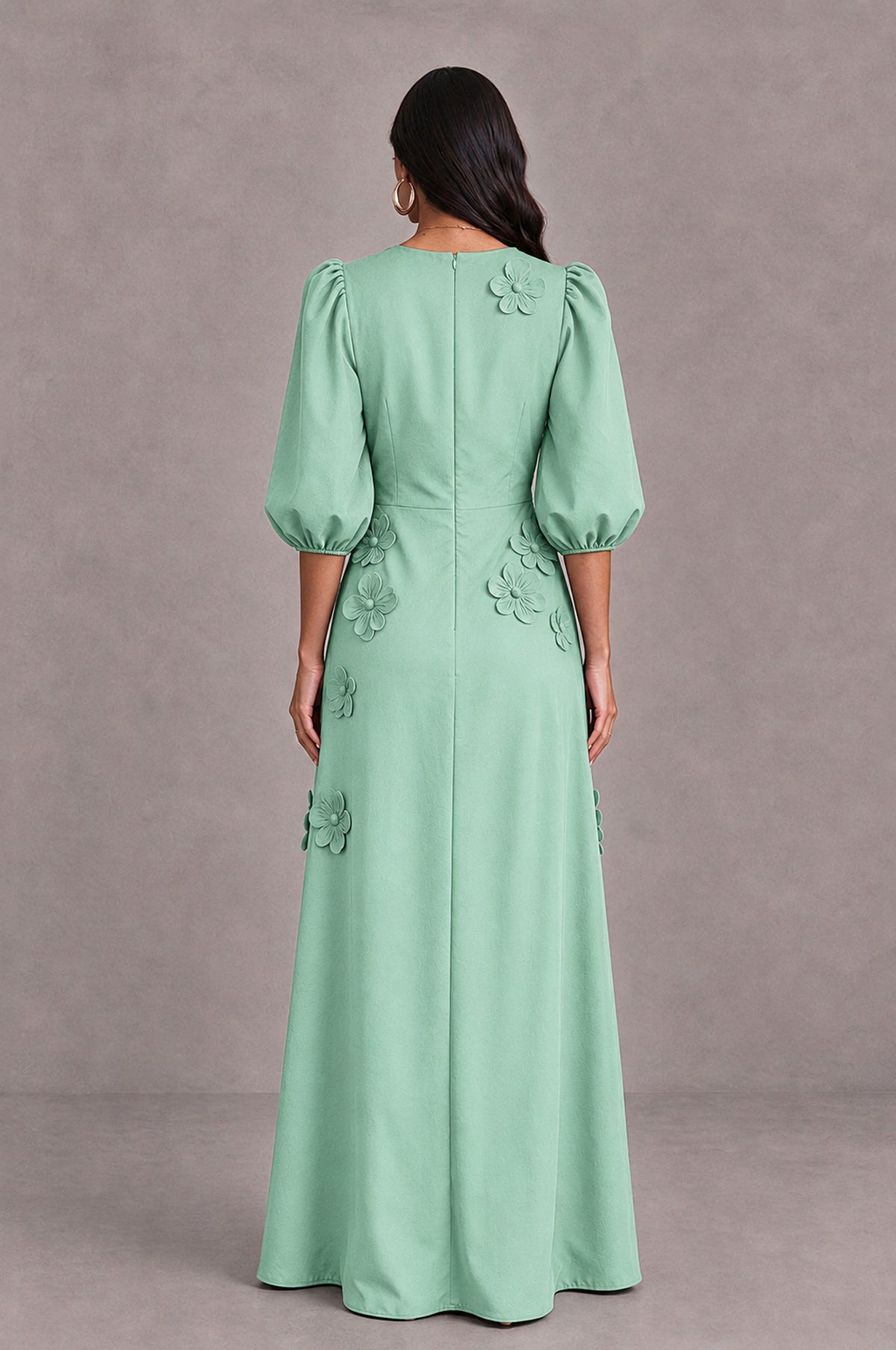 BOLODOO Mint Green Floral Applique Puff Sleeve A-Line Evening Dress - Mint Green - Mint Green_2
