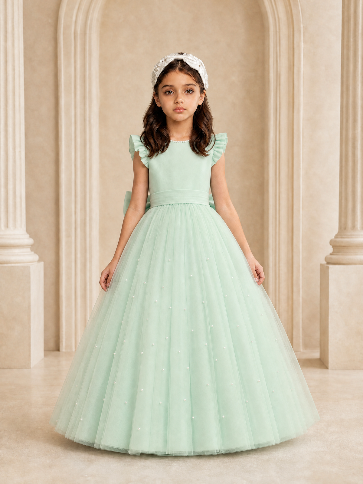 BOLODOO Mint Green Tulle Flower Girl Dress with Ruffle Sleeves & Bow Back - Mint Green - Mint_Green_2