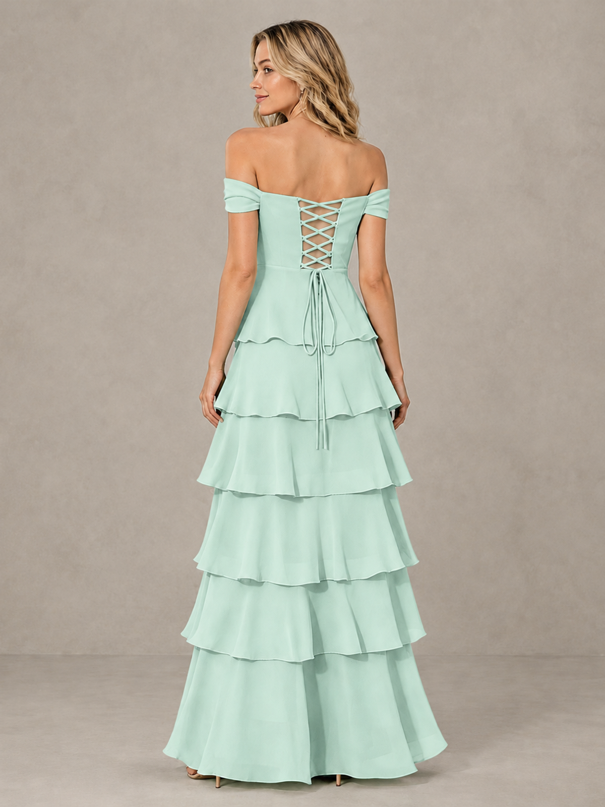 BOLODOO Mint Green Off-Shoulder Tiered Ruffle Bridesmaid Dress with Lace-Up Back - Mint Green - Mint Green_2