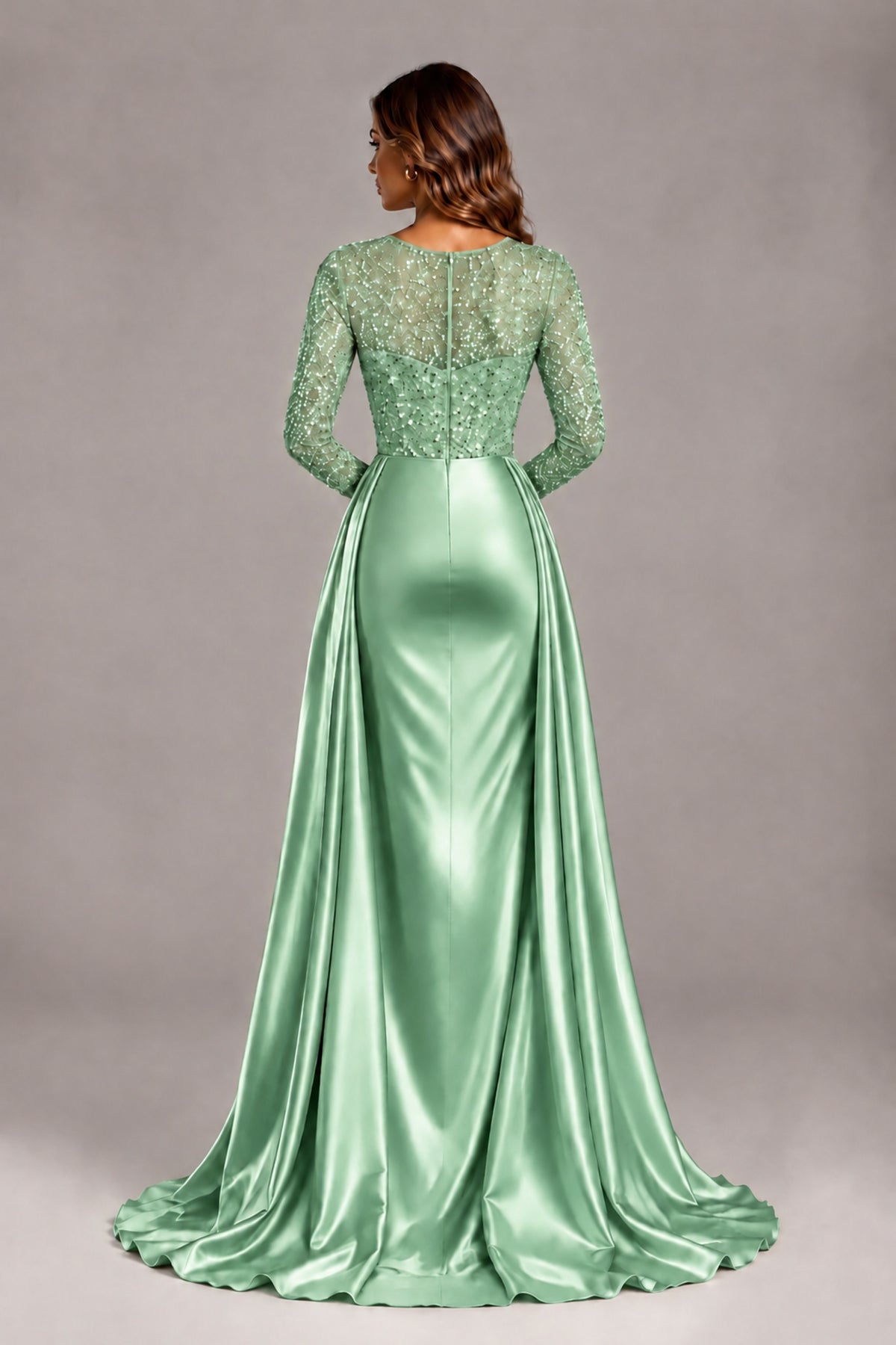 BOLODOO Mint Green Long Sleeve Embellished Satin Evening Gown with Sweep Train - Mint Green - Mint Green_2