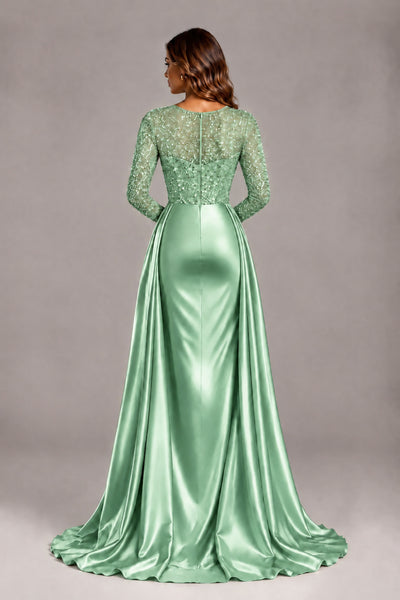 BOLODOO Mint Green Long Sleeve Embellished Satin Evening Gown with Sweep Train - Mint Green - Mint Green_2
