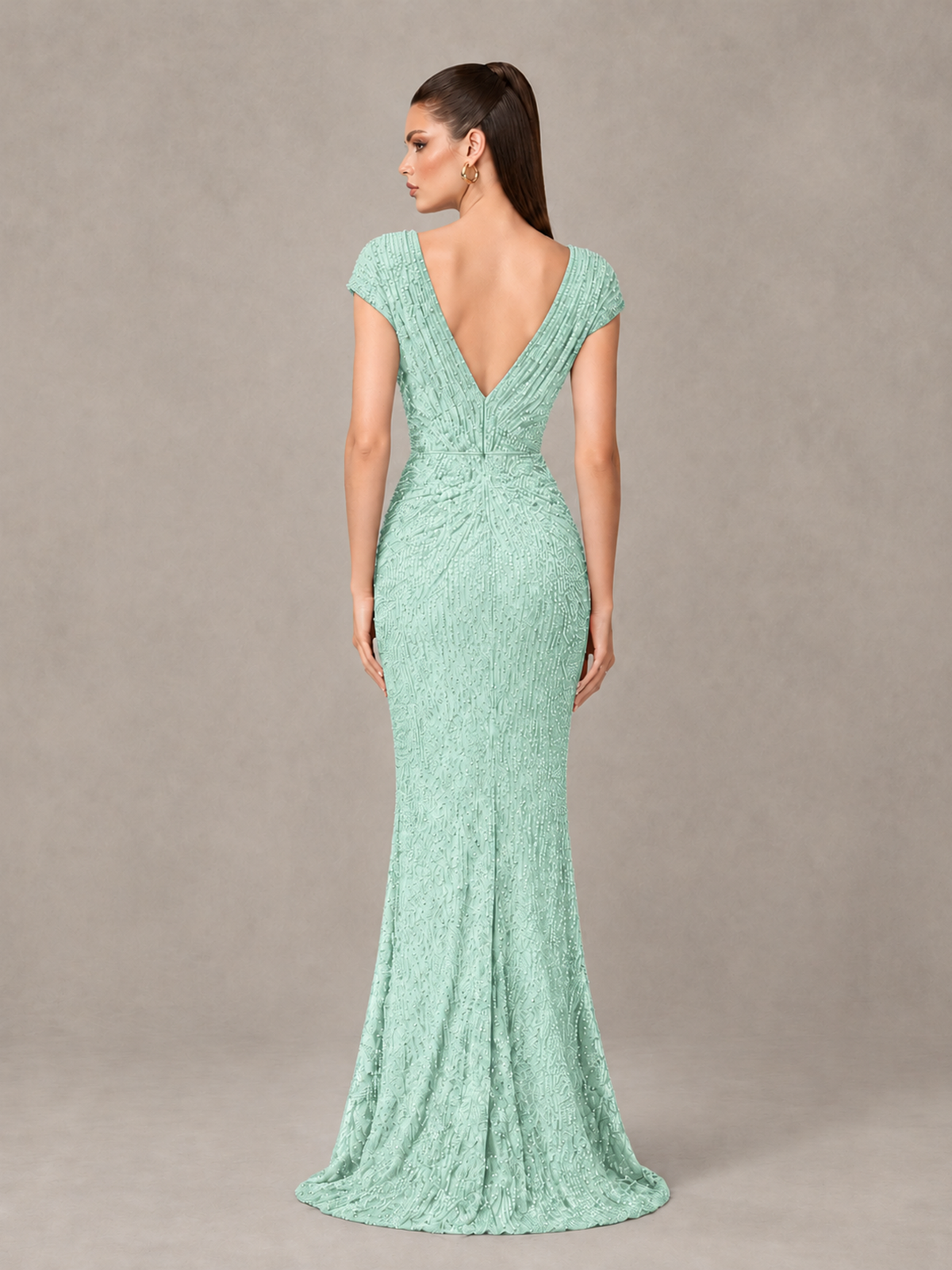 BOLODOO Mint Green Glitter V-Neck Cap Sleeve Ruched Mermaid Evening Gown - Mint Green - Mint Green_2