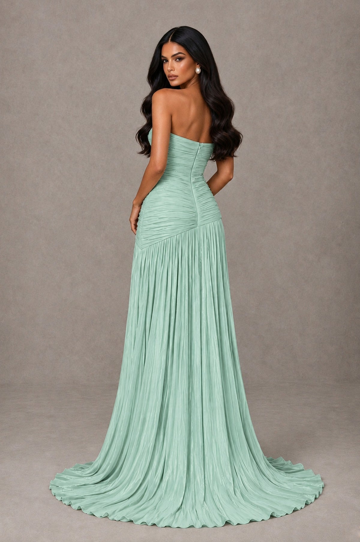 BOLODOO Mint Green Metallic Ruched Strapless Pleated A-Line Backless Maxi Dress with Train - Mint Green - Mint Green_2