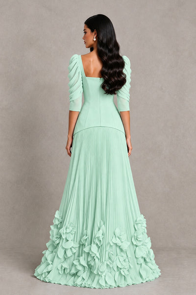 BOLODOO Mint Green Square Neck Pleated Floral Applique Evening Dress - Mint Green - Mint Green_2