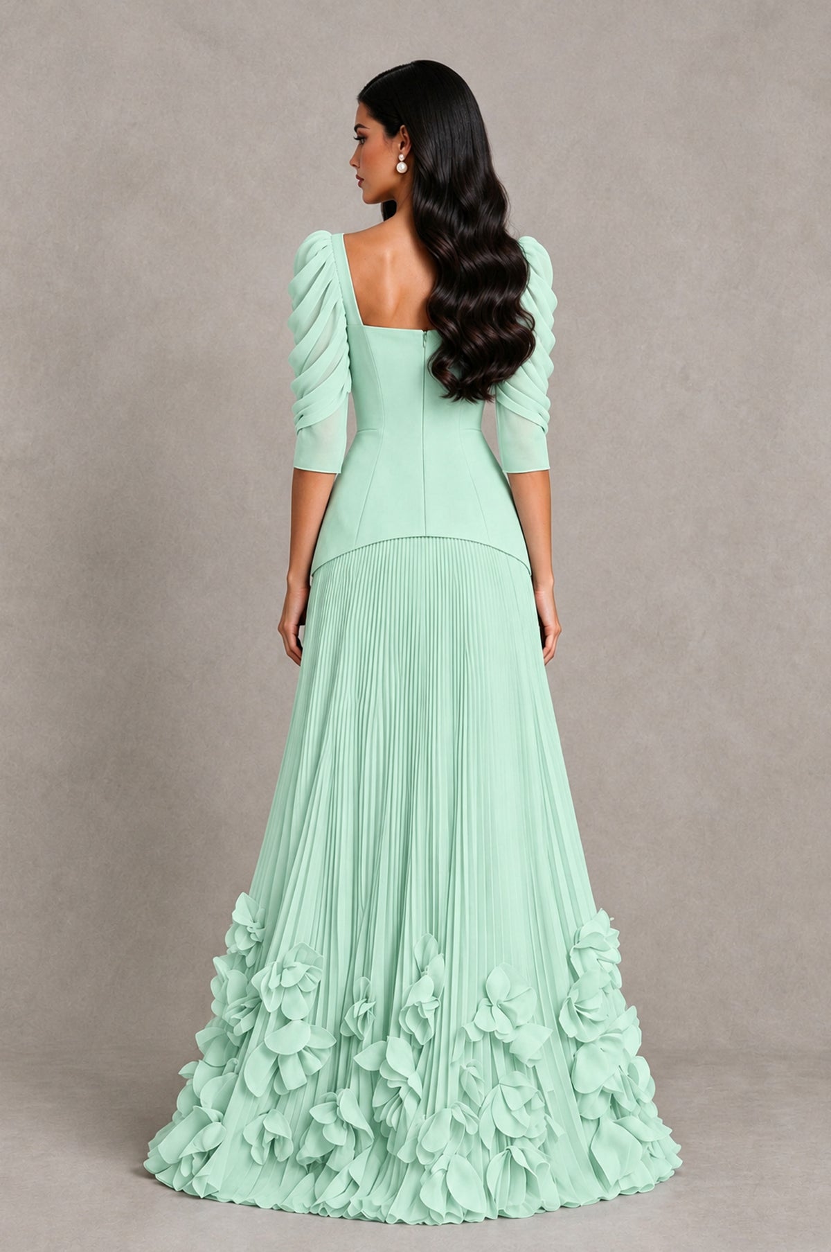 BOLODOO Mint Green Square Neck Pleated Floral Applique Evening Dress - Mint Green - Mint Green_2
