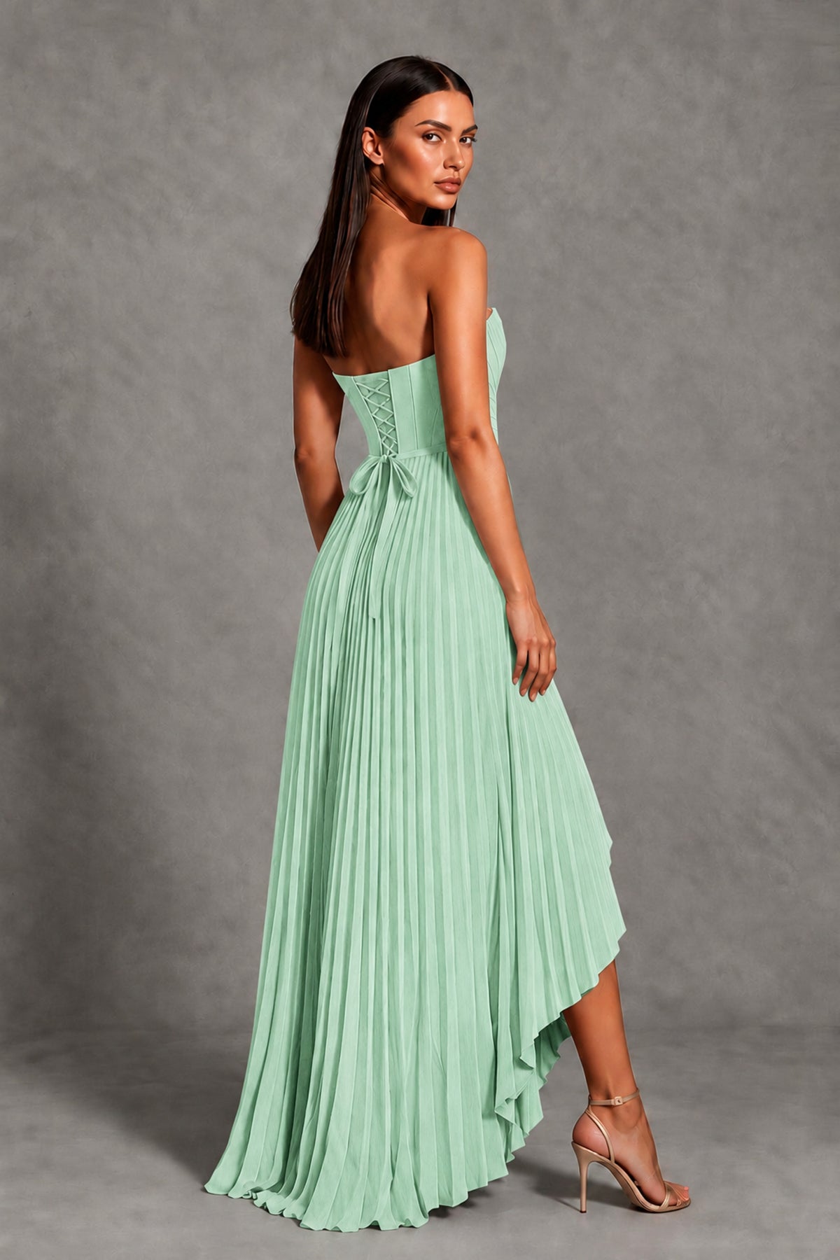 Mint Green Strapless Pleated High-Low Evening Gown with Ruffle Hem - Mint Green - Mint_Green_2