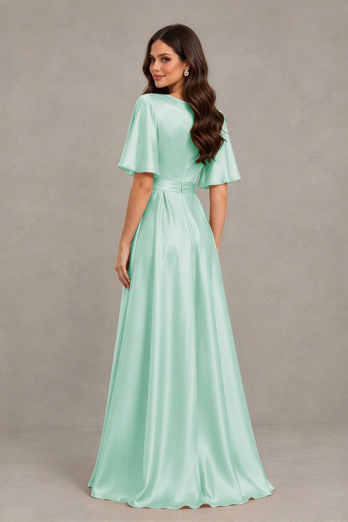BOLODOO Mint Green Satin V-Neck Flutter Sleeve Bridesmaid Dress with Slit - Mint Green - Mint Green(2)