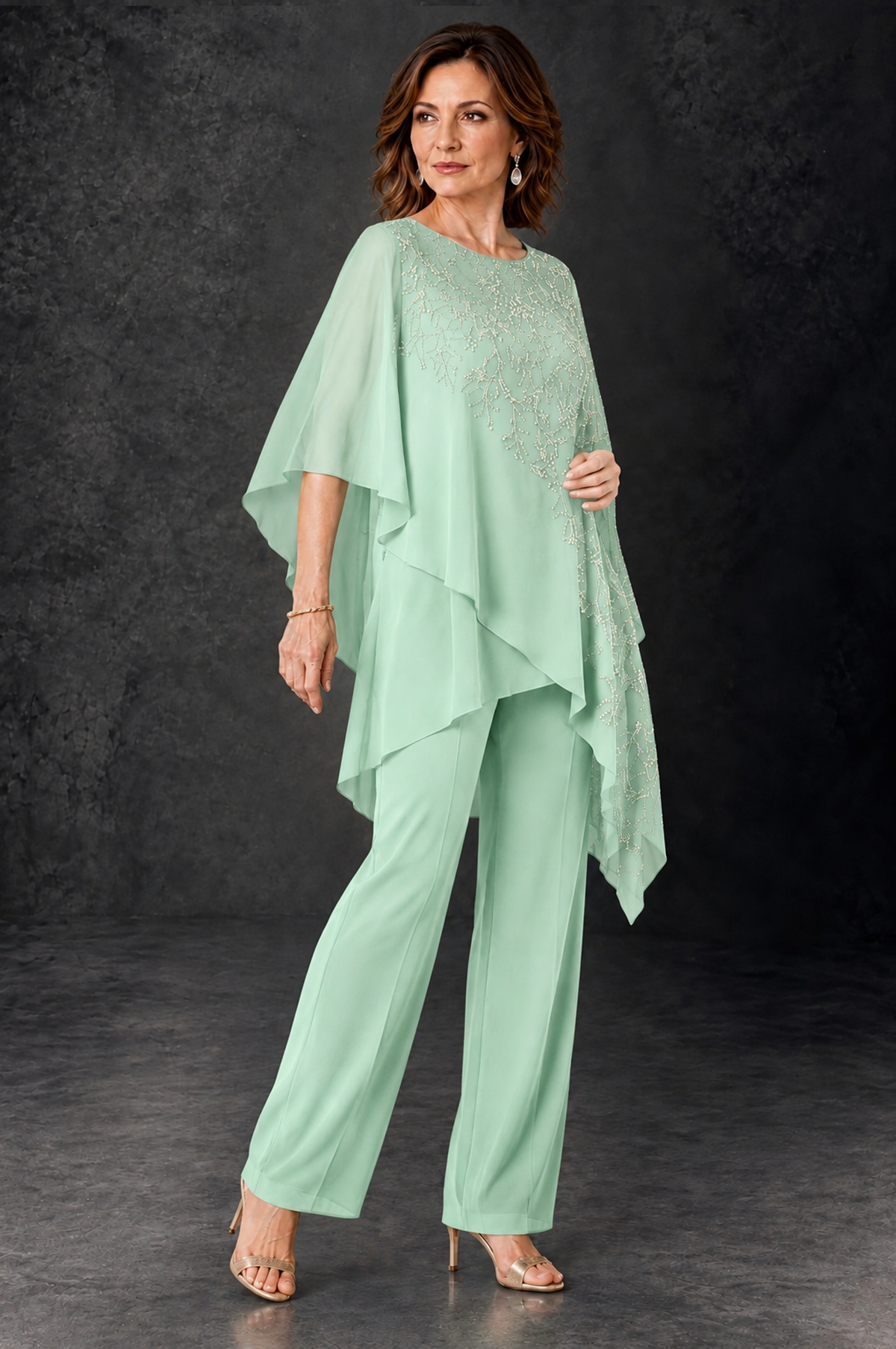 BOLODOO Mint Green Embellished Cape Pant Suit for Mother of the Bride - Mint Green - Mint_Green_2