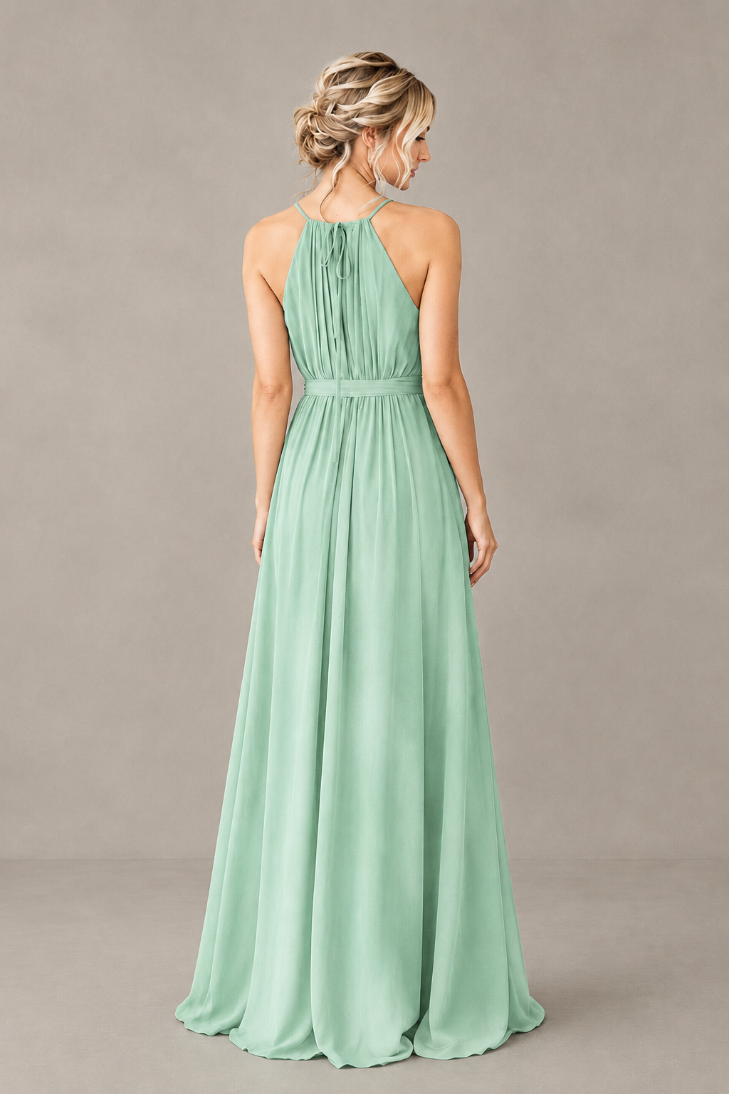 BOLODOO Mint Green Halter Chiffon Bridesmaid Dress with High Slit - Mint Green