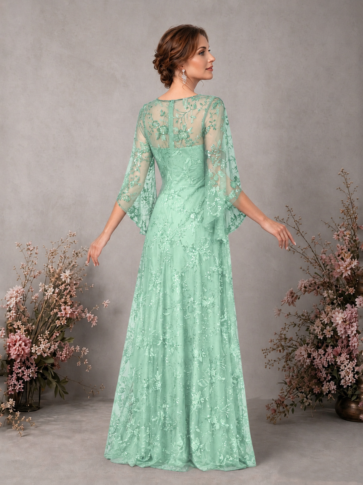 BOLODOO Mint Green Sequin Lace Cape Sleeve Formal Evening Gown - Mint Green - Mint Green_2