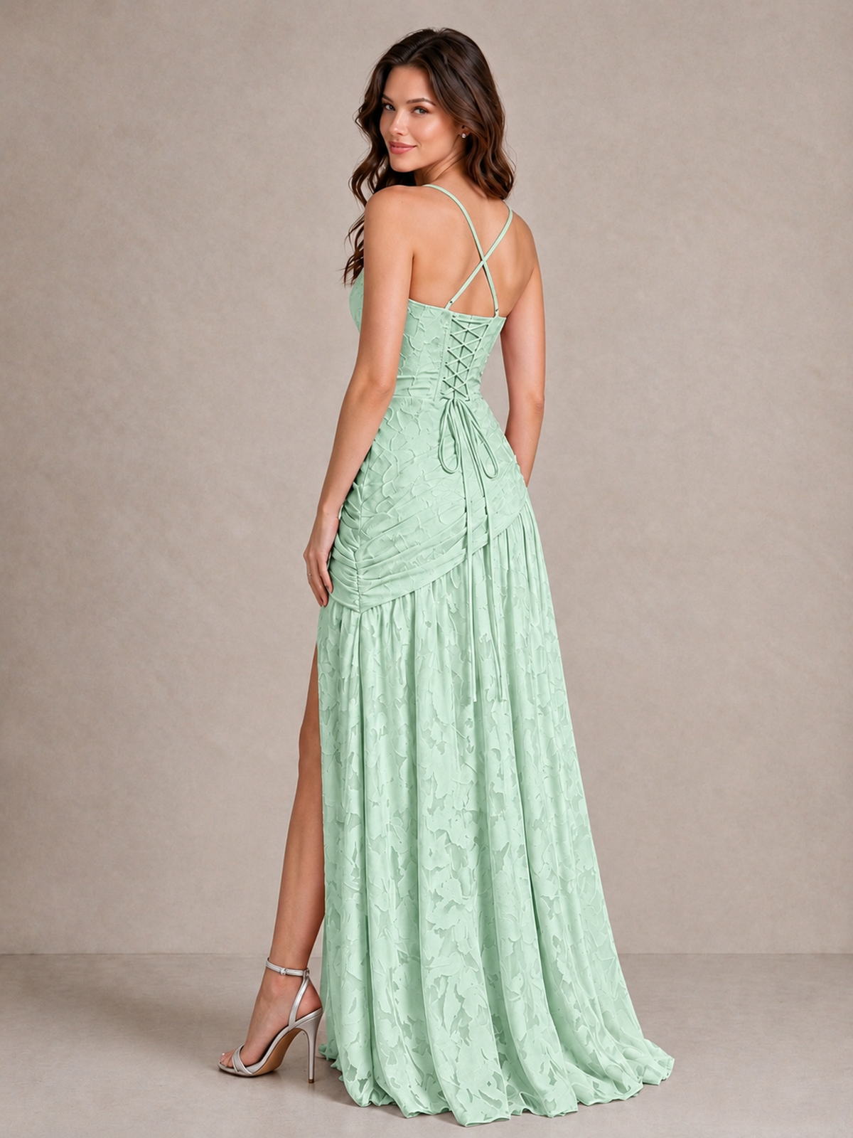 BOLODOO Mint Green Floral Jacquard Bridesmaid Dress with Square Neck, Lace-Up Back & High Slit - Mint Green - Mint Green_2