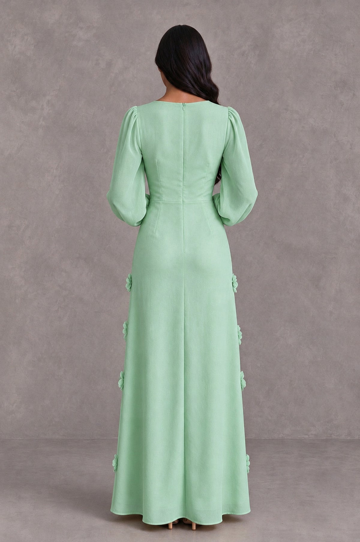 BOLODOO Mint Green Long Sleeve Floral Applique A-Line Evening Dress - Mint Green - Mint Green_2