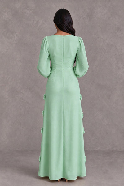BOLODOO Mint Green Long Sleeve Floral Applique A-Line Evening Dress - Mint Green - Mint Green_2