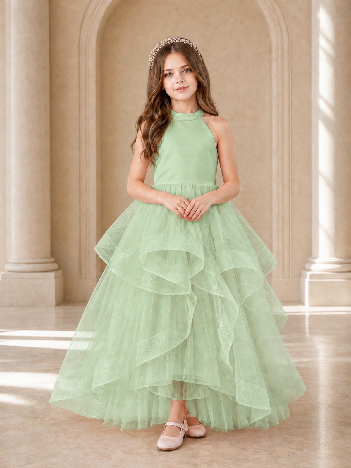 BOLODOO Mint Green Halter Tiered Tulle Flower Girl Dress with Bow Back - Mint Green - Mint Green_2