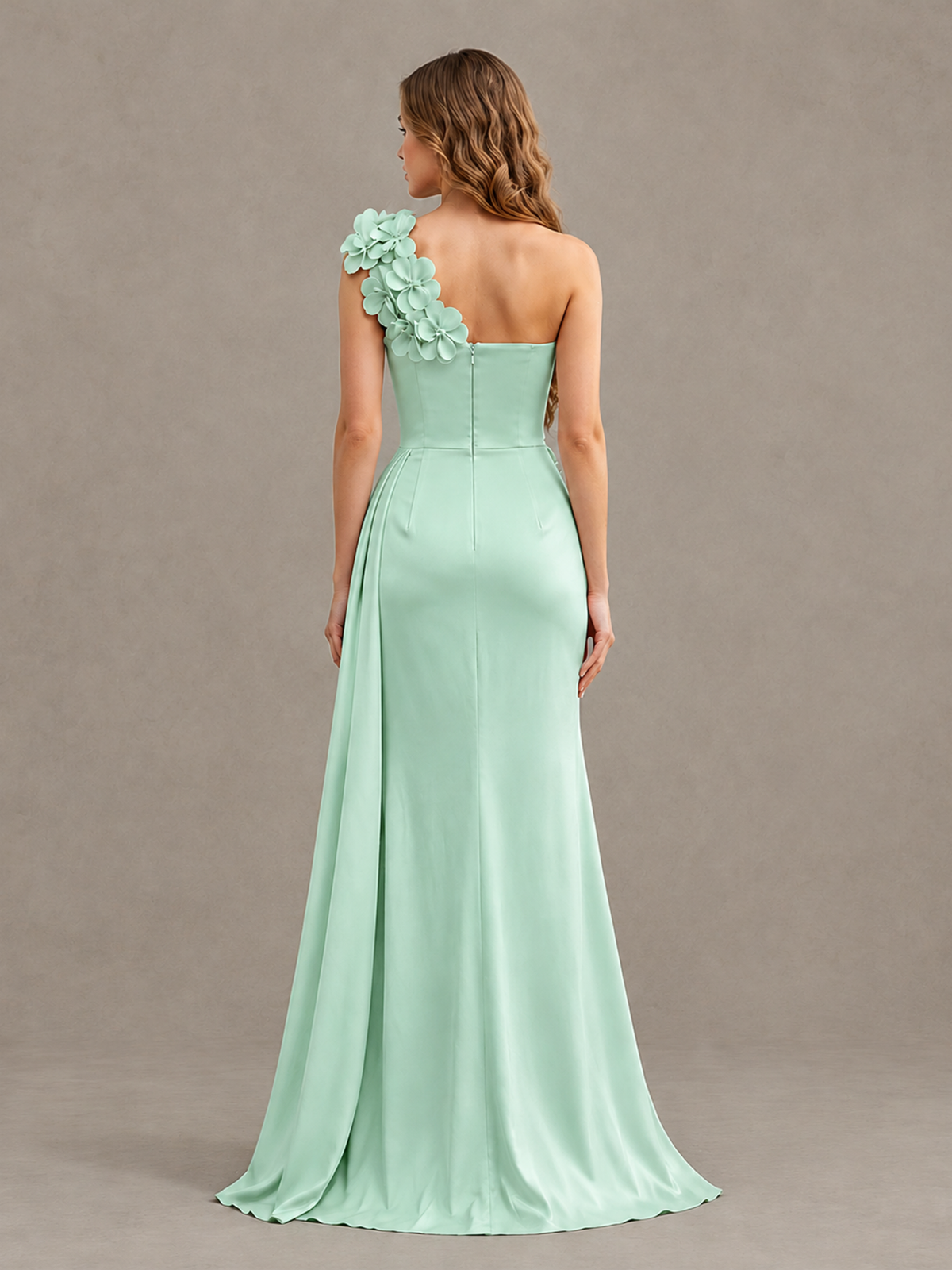 BOLODOO Mint Green One-Shoulder Satin Mermaid Evening Gown with 3D Floral Appliqué - Mint Green - Mint Green_2