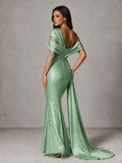 BOLODOO Mint Green Sequin Mermaid Evening Dress with Off-Shoulder Satin Drape and Sweep Train - Mint Green - Mint Green_2