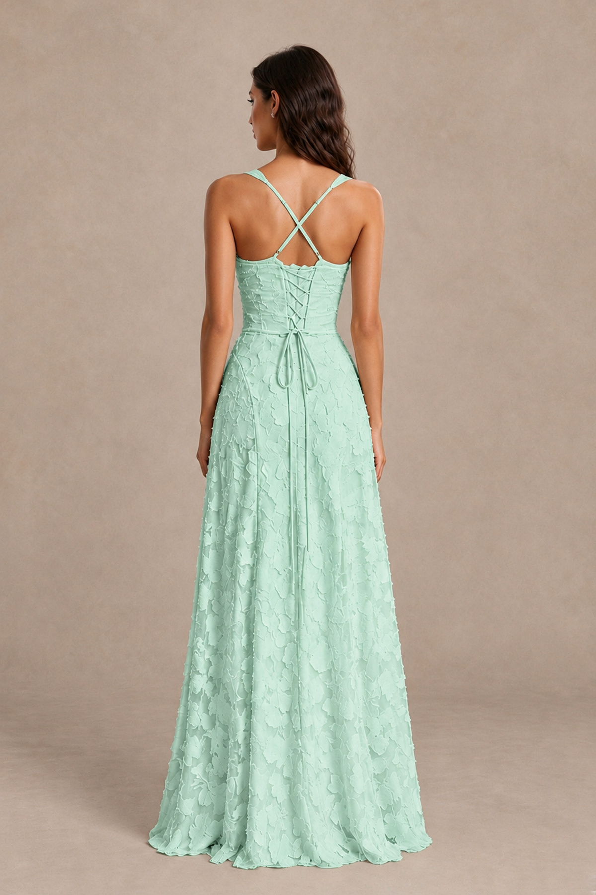 BOLODOO Mint Green Floral-Textured A-Line Dress with Lace-Up Back - Mint Green - Mint Green_2