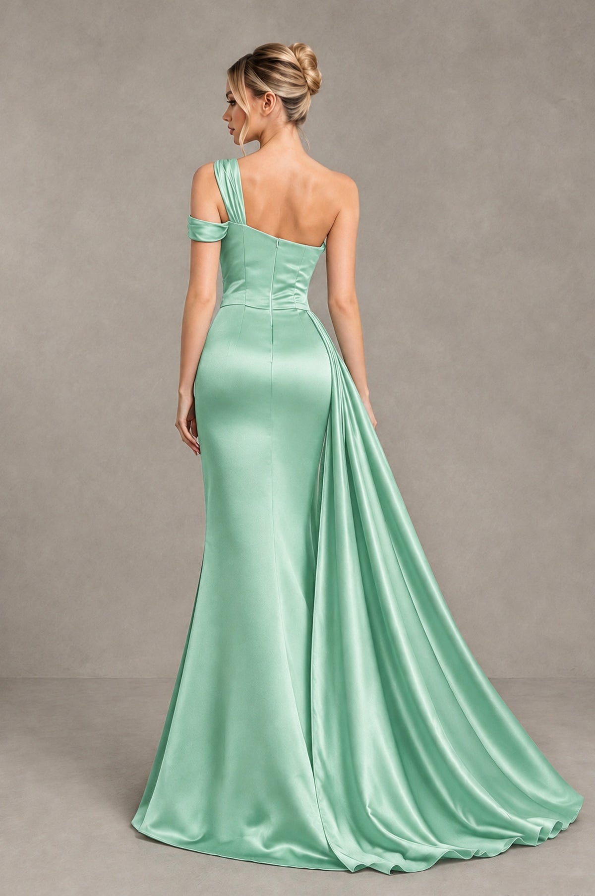 BOLODOO Mint Green Asymmetric Ruched Formal Evening Dress - Mint Green - Mint Green_2