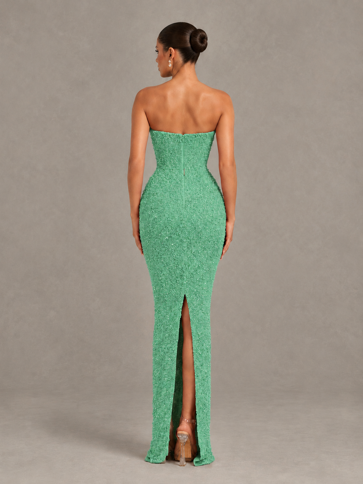 BOLODOO Mint Green Strapless Sequin Evening Gown with Floral Neckline - Mint Green - Mint Green_2
