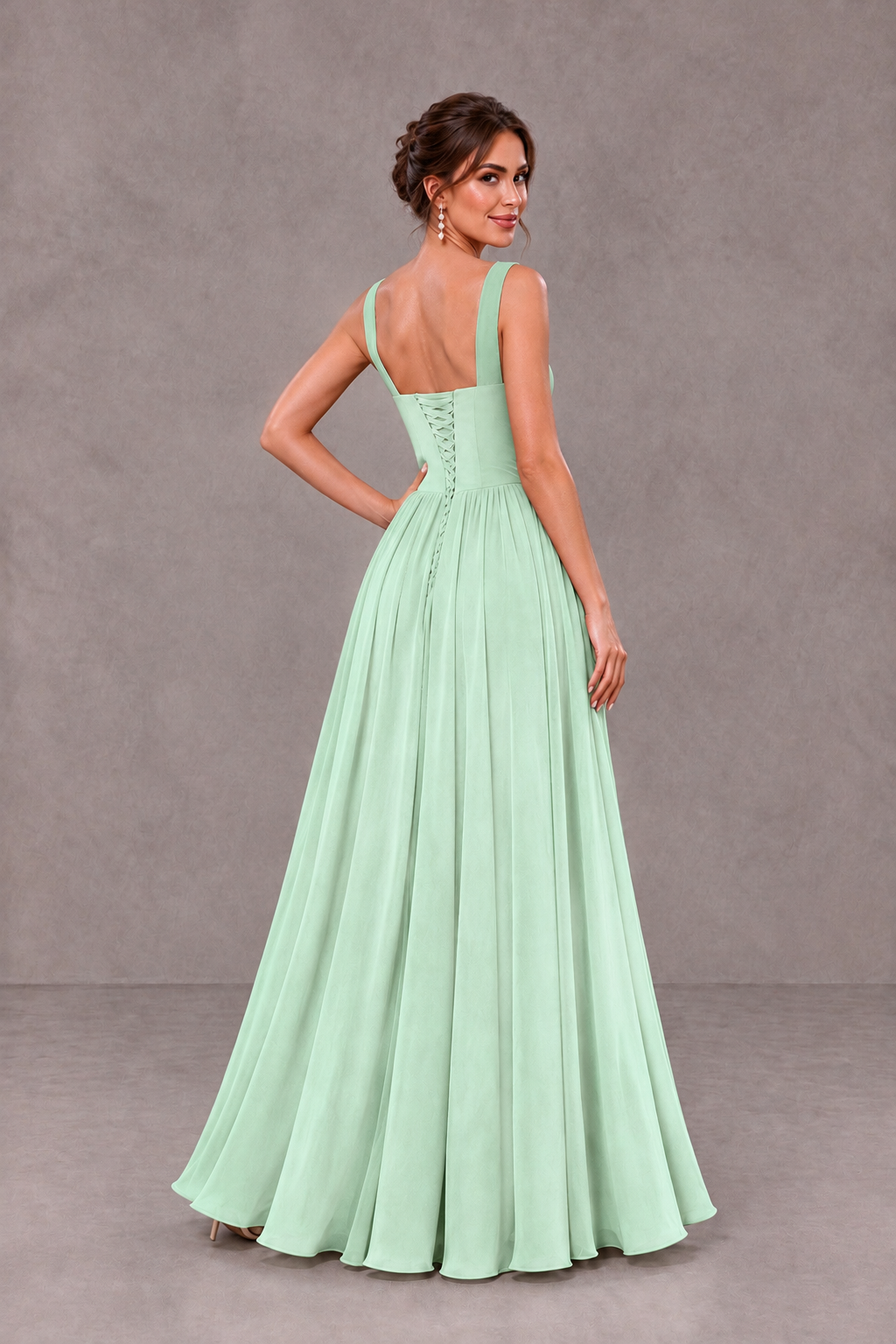 BOLODOO Mint Green Square Neck A-Line Bridesmaid Dress with Slit - Mint Green - Mint Green_2