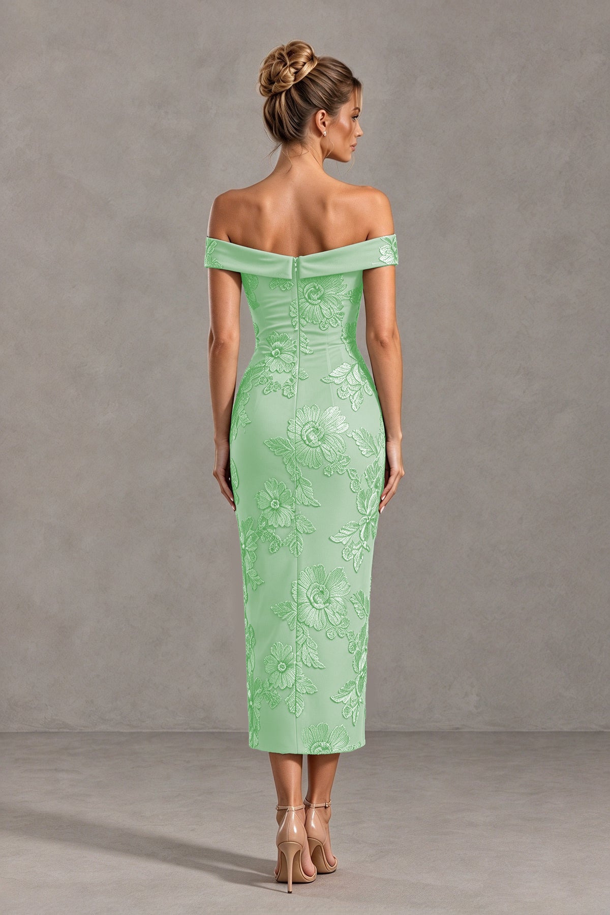 BOLODOO Mint Green Off Shoulder Floral Jacquard Midi Dress - Mint Green - Mint Green(2)