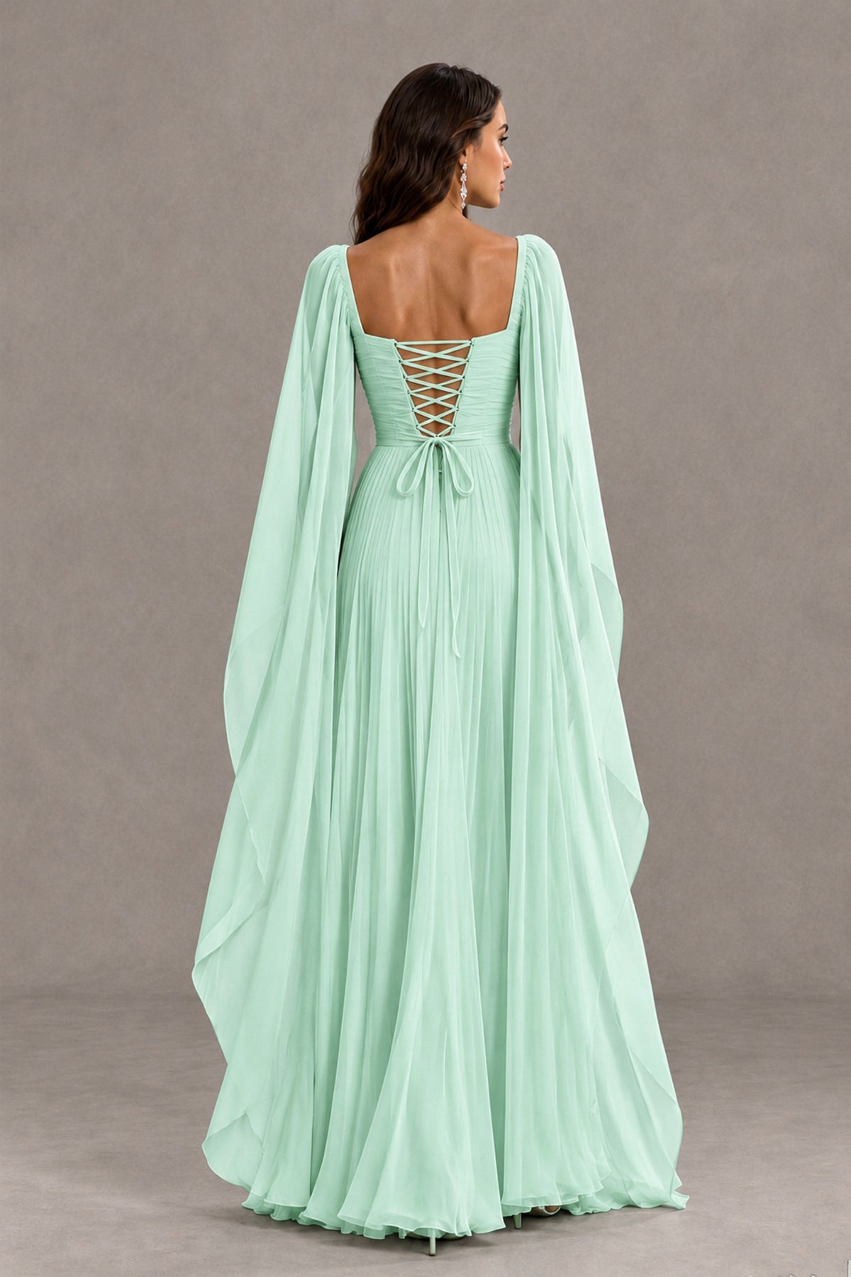 BOLODOO Mint Green Square Neck Cape Sleeve A-Line Evening Dress - Mint Green - Mint_Green_2