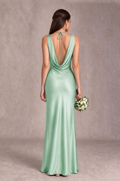 BOLODOO Mint Green Cowl Neck Open Back Satin Bridesmaid Dress - Mint Green - Mint Green_2