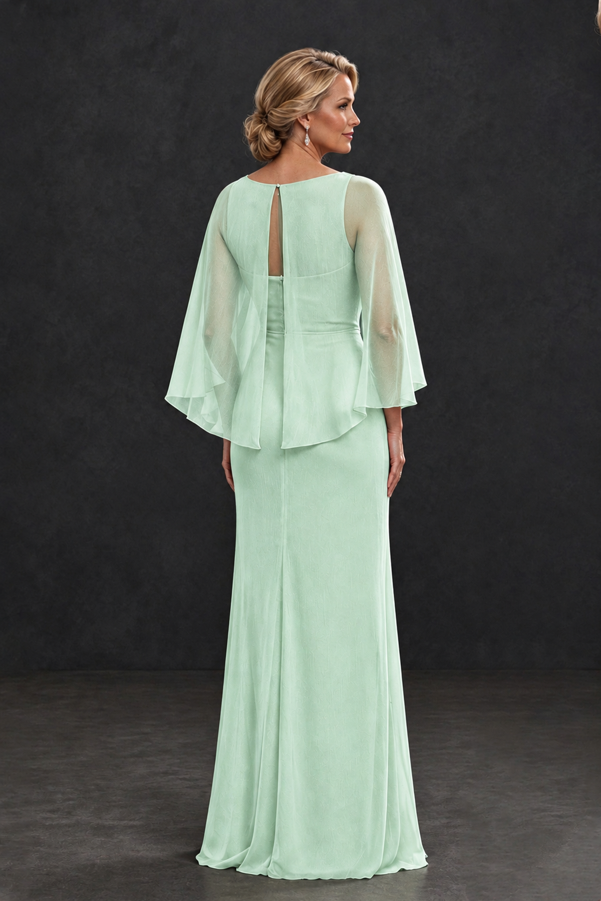 BOLODOO Mint Green Cape Sleeve Mother of the Bride Dress with Ruched Waist - Mint Green - Mint Green_2