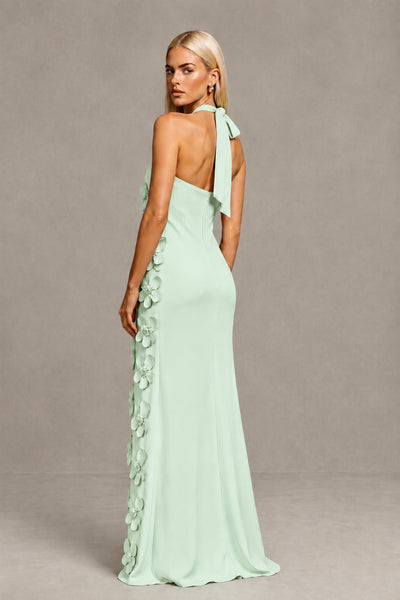 BOLODOO Mint Green Cross Halter Neck 3D Floral Appliqué Backless Mermaid Maxi Gown - Mint Green - Mint_Green_2