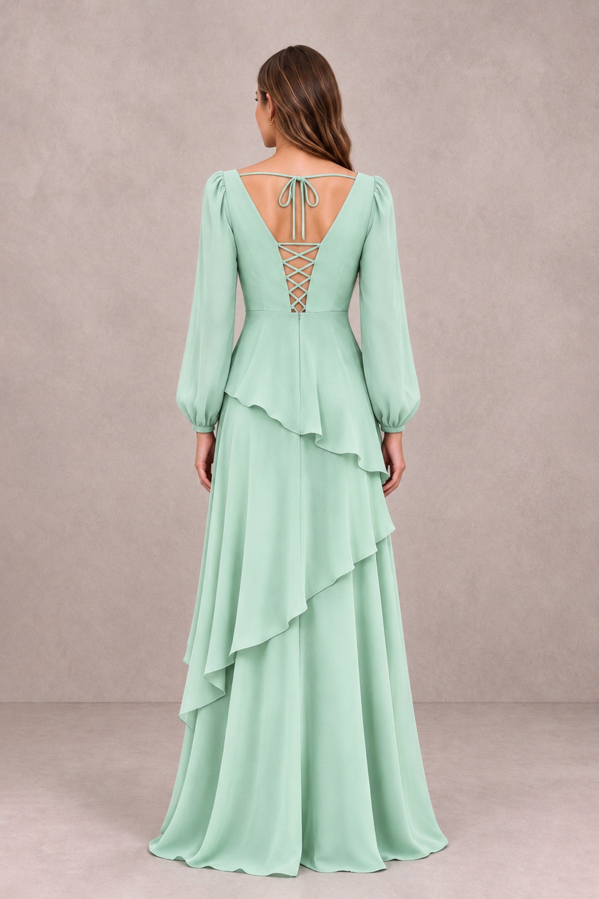 BOLODOO Mint Green Long Sleeve Ruffle Bridesmaid Dresses - Mint Green - Mint Green_2