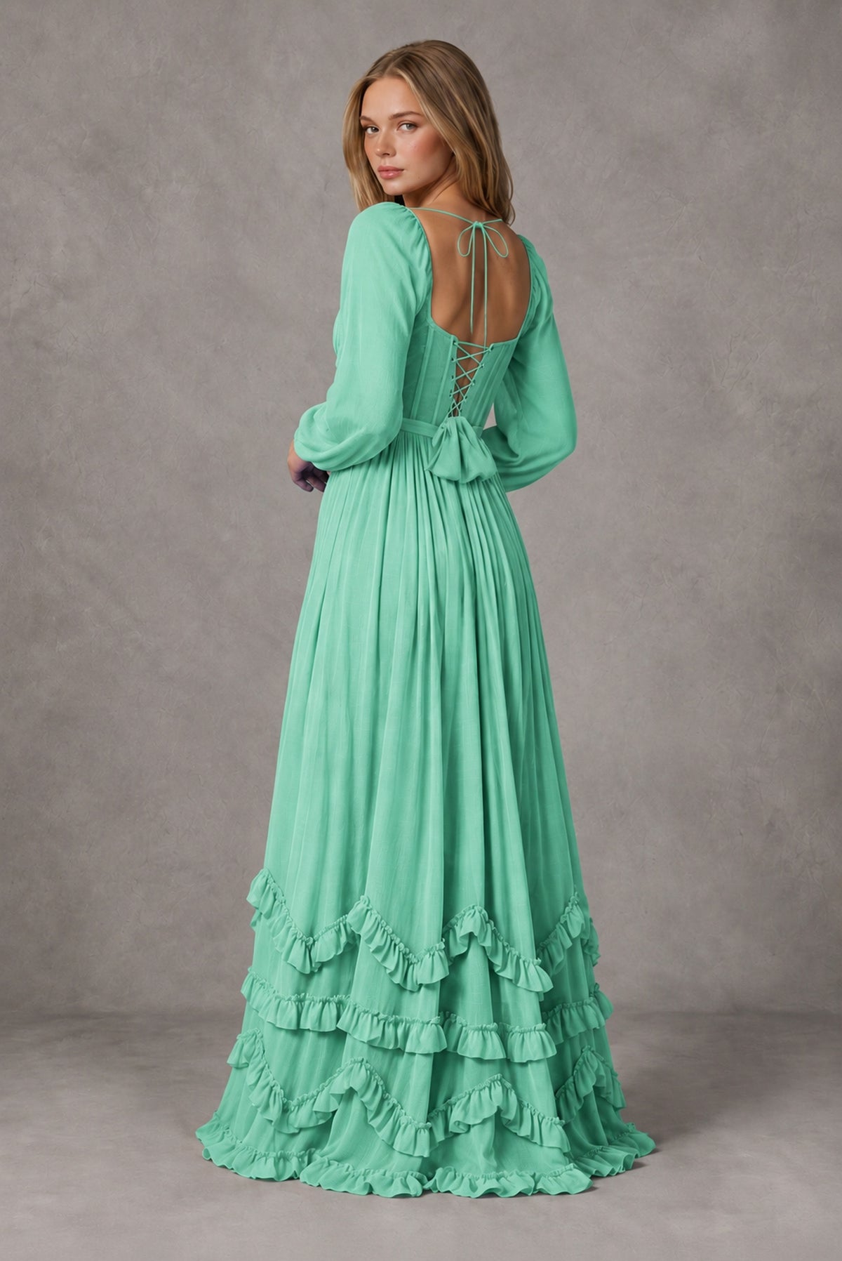Mint Green Long-Sleeve Ruffle Maxi Dress with Lace-Up Back and Slit - Mint Green